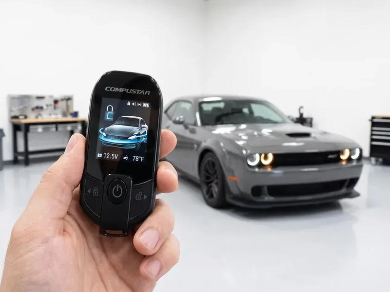 Compustar remote start key fob with a grey Dodge Challenger