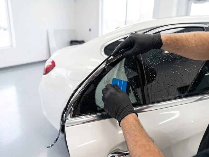 Hands squeegeeing window tint onto a white sedan's door glass